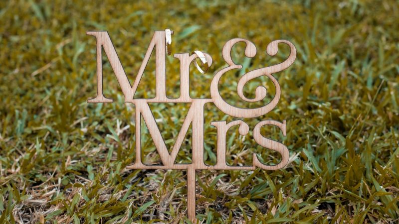 Wooden Mr & Mrs sign placed on green grass, ideal for rustic wedding decor. — Asian Interior Decorating Styles In the East